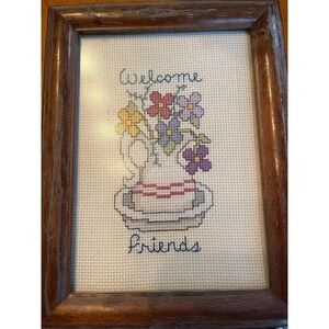 VTG Cross Stitch Framed "Welcome Friends" New Berlin Co 90s 5x7 Flowers Pitcher